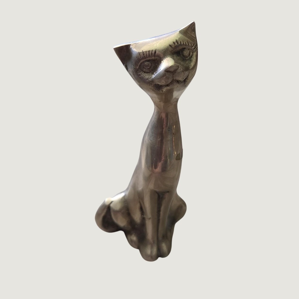 Solid Brass Cat Figurine Mid Century Modern Stylized Feline Statue Vintage 4 in